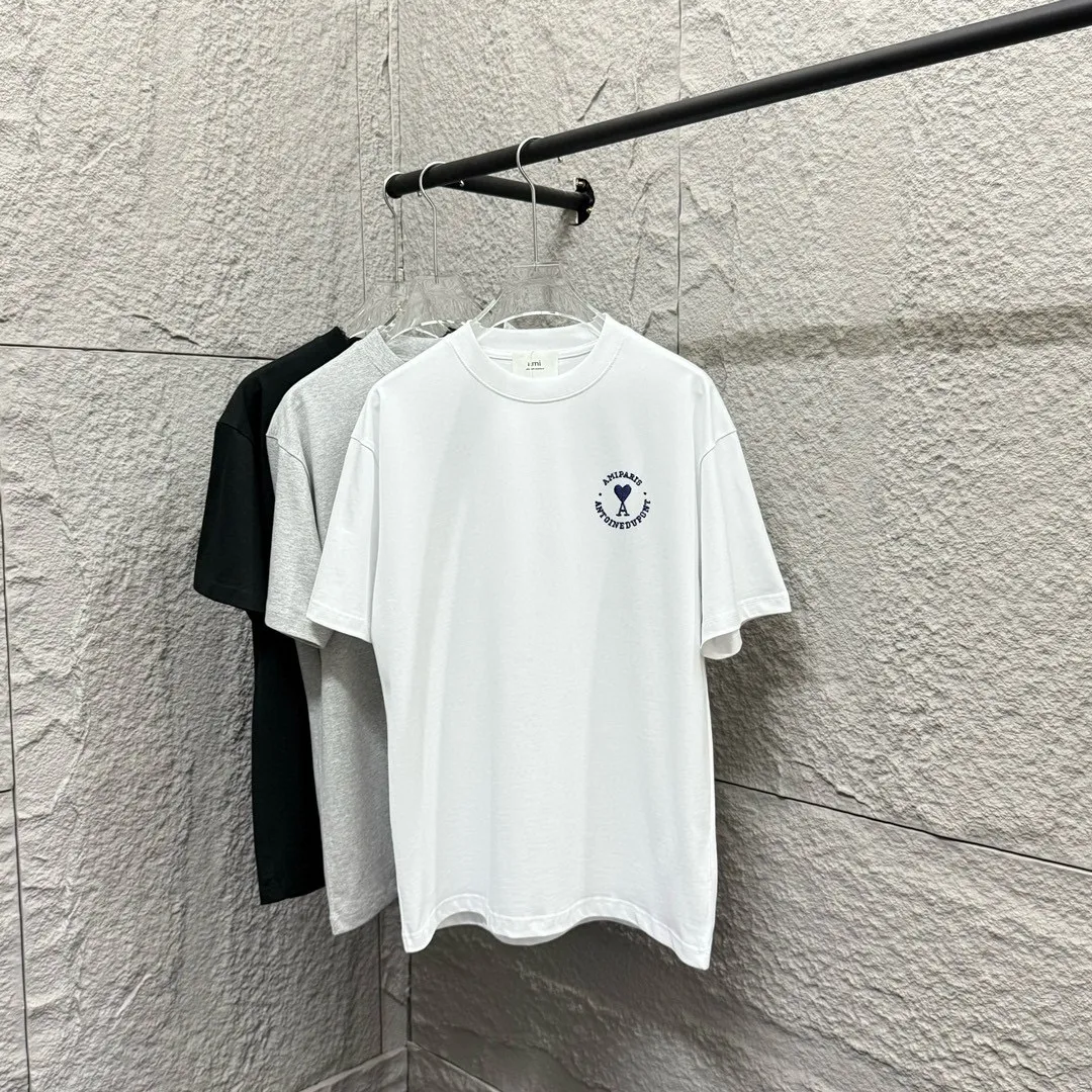 🅿️180 Ami* 2025 Spring and Summer New Style Embroidered Circle Little Love Customized Double Yarn Plain Cotton Fabric Short Sleeve T-shirt Unisex Color: Black White Light Blue Light Pink Size: S (90-130 catties) M (120-150 catties) L (140-165 catties) XL (160-180 catties) XXL (180-210 pounds)