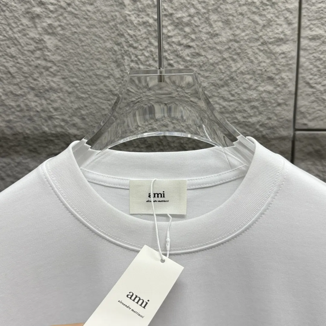 🅿️180 Ami* 2025 Spring and Summer New Style Embroidered Circle Little Love Customized Double Yarn Plain Cotton Fabric Short Sleeve T-shirt Unisex Color: Black White Light Blue Light Pink Size: S (90-130 catties) M (120-150 catties) L (140-165 catties) XL (160-180 catties) XXL (180-210 pounds)
