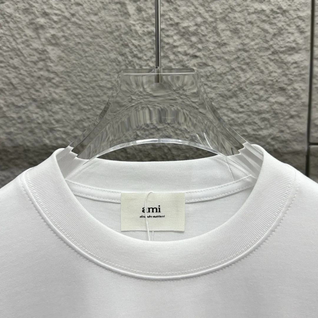 🅿️180 Ami* 2025 Spring and Summer New Style Embroidered Circle Little Love Customized Double Yarn Plain Cotton Fabric Short Sleeve T-shirt Unisex Color: Black White Light Blue Light Pink Size: S (90-130 catties) M (120-150 catties) L (140-165 catties) XL (160-180 catties) XXL (180-210 pounds)