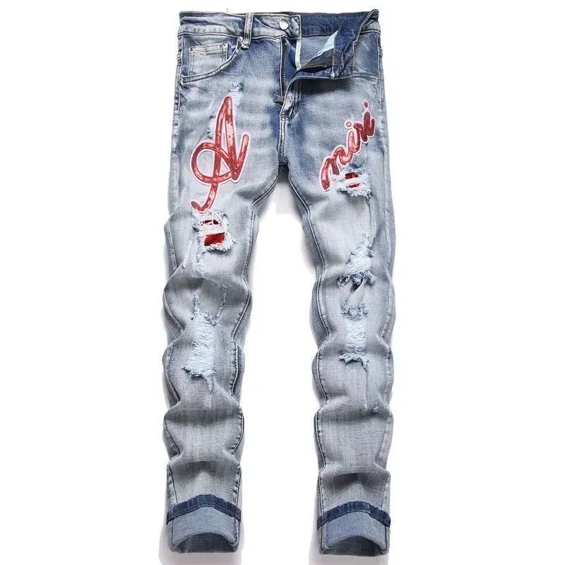 P186 💰 AMIRI patch embroidery jeans trousers AMIRI high street basic ripped tight elastic jeans trousers amiri brand jeans break the production process and cutting of the original jeans, the fabrics are softer and more comfortable Hand-sewn collar label Customized logo buttons Genuine leather tag Color: Picture color Size: 30-32-34-36