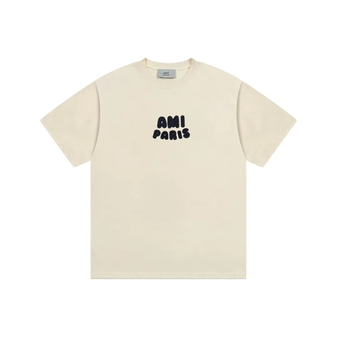 AMI PARIS 25SS early spring new product crochet letter knitting micro label short-sleeved T-shirt customized 230g double yarn pure cotton fabric matching 280G rib YP replica new main wheat washable wheat QR code can be scanned same style for men and women Color: Baolan Apricot Code Number: S-XL