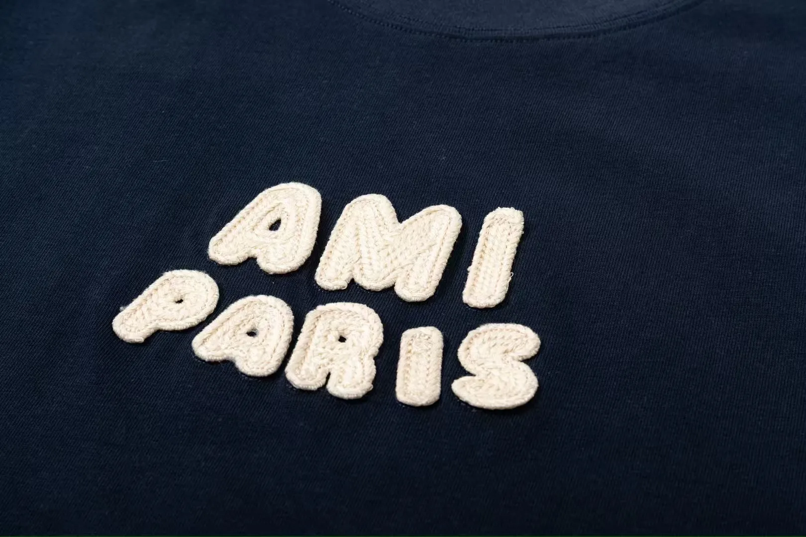 AMI PARIS 25SS early spring new product crochet letter knitting micro label short-sleeved T-shirt customized 230g double yarn pure cotton fabric matching 280G rib YP replica new main wheat washable wheat QR code can be scanned same style for men and women Color: Baolan Apricot Code Number: S-XL