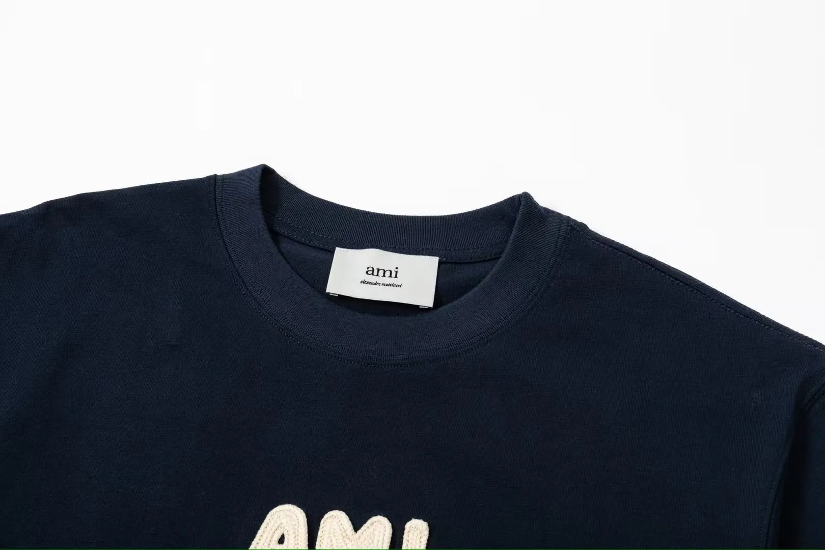 AMI PARIS 25SS early spring new product crochet letter knitting micro label short-sleeved T-shirt customized 230g double yarn pure cotton fabric matching 280G rib YP replica new main wheat washable wheat QR code can be scanned same style for men and women Color: Baolan Apricot Code Number: S-XL