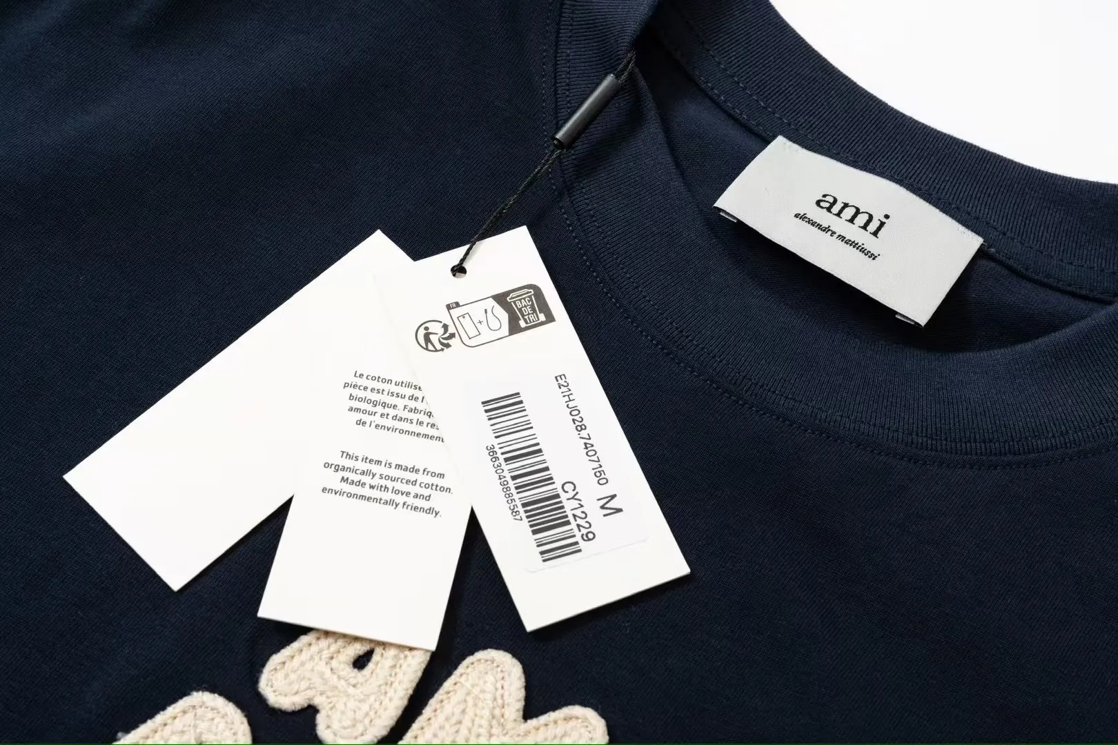 AMI PARIS 25SS early spring new product crochet letter knitting micro label short-sleeved T-shirt customized 230g double yarn pure cotton fabric matching 280G rib YP replica new main wheat washable wheat QR code can be scanned same style for men and women Color: Baolan Apricot Code Number: S-XL