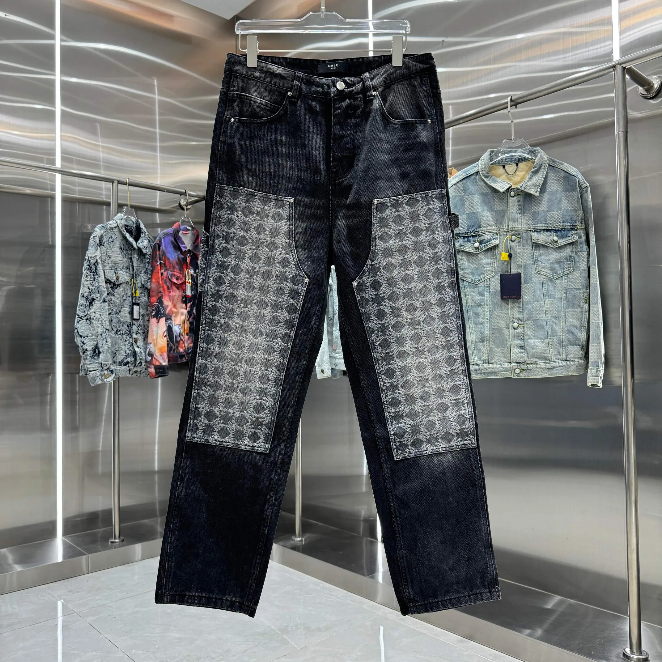 P300 Amiri pattern LOGO jacquard workwear street fashion loose straight jeans Color Black Size 30 32 34 36 38