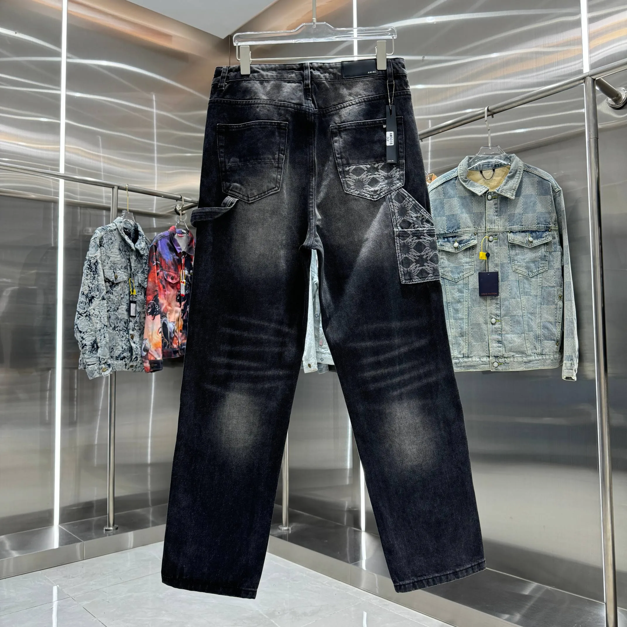 P300 Amiri pattern LOGO jacquard workwear street fashion loose straight jeans Color Black Size 30 32 34 36 38