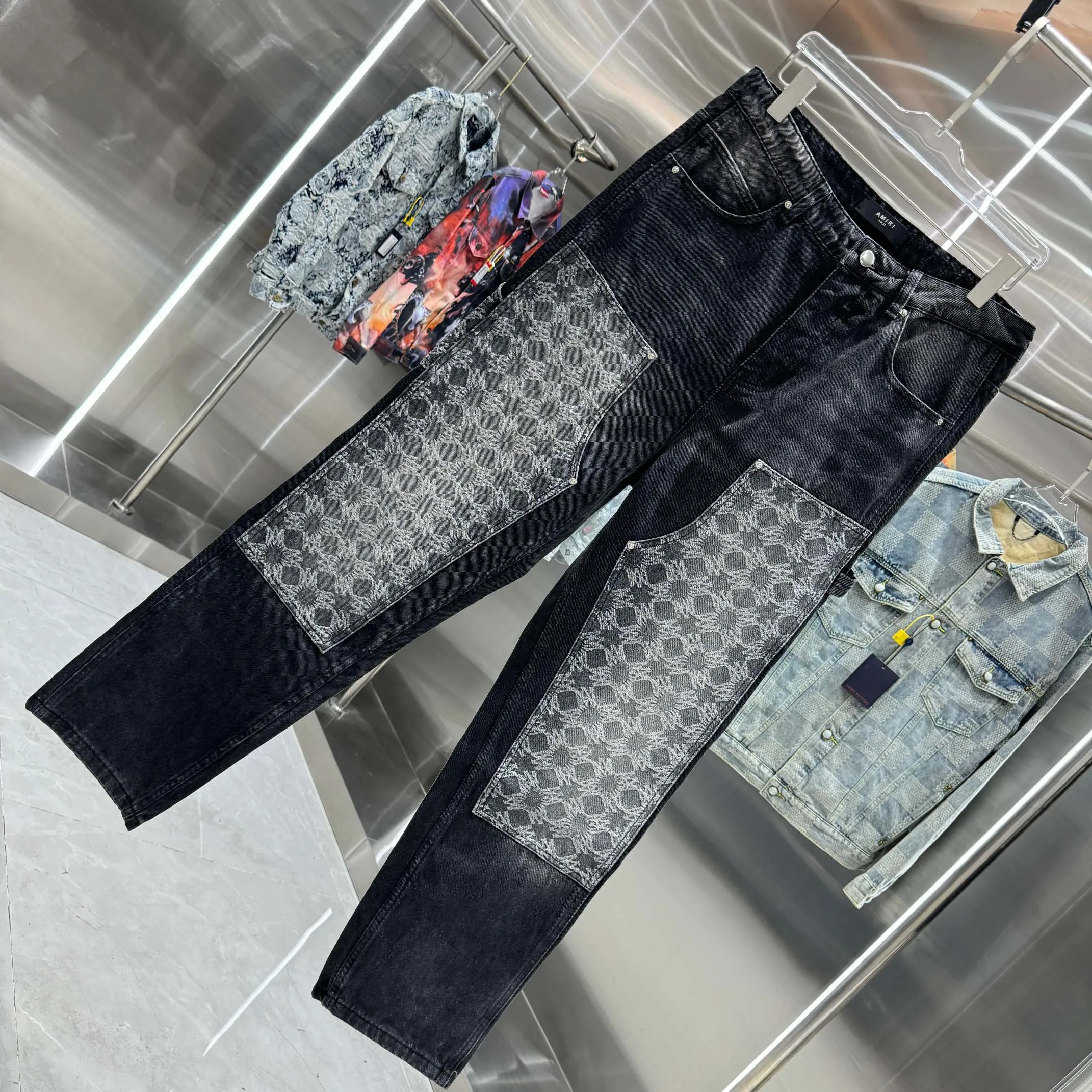 P300 Amiri pattern LOGO jacquard workwear street fashion loose straight jeans Color Black Size 30 32 34 36 38