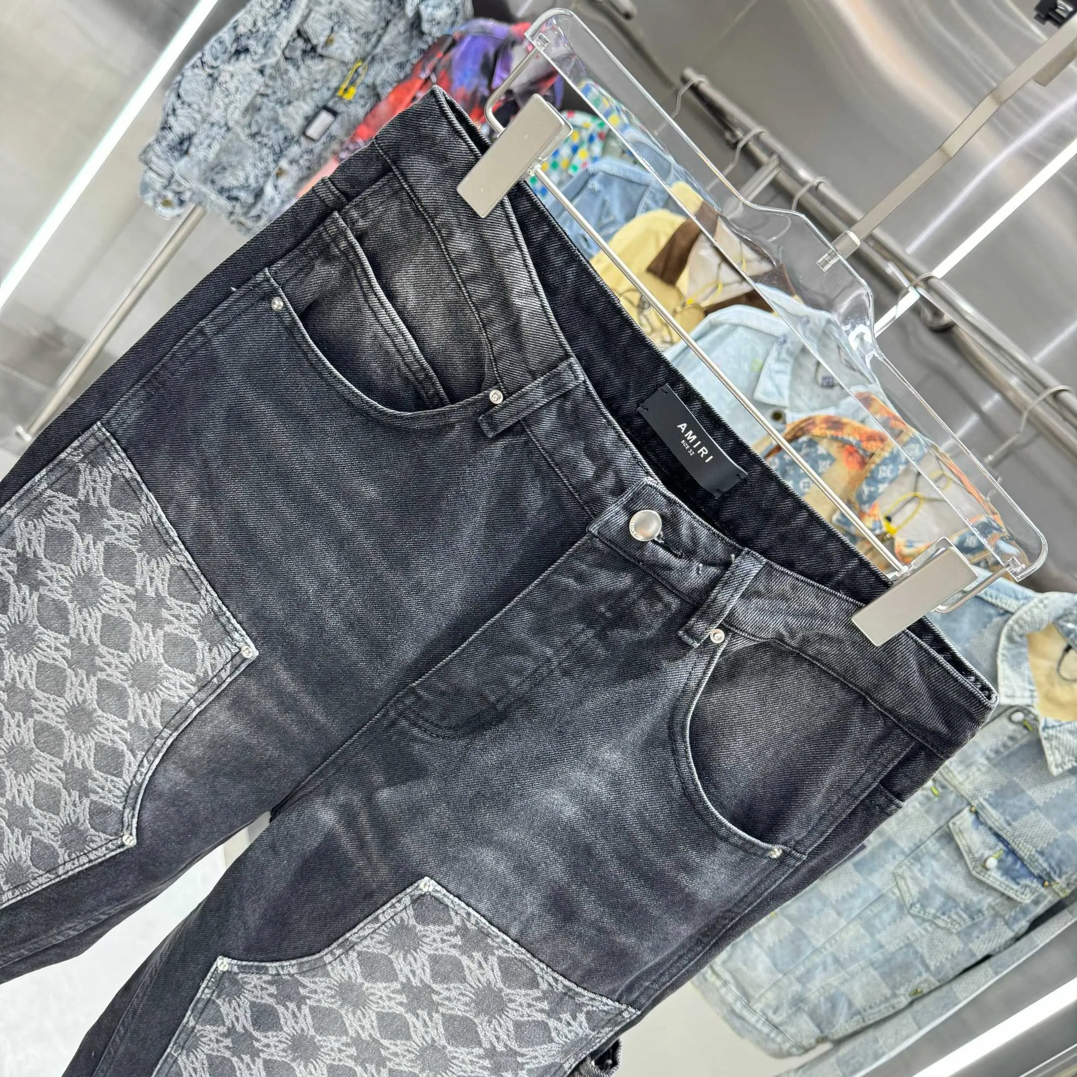 P300 Amiri pattern LOGO jacquard workwear street fashion loose straight jeans Color Black Size 30 32 34 36 38