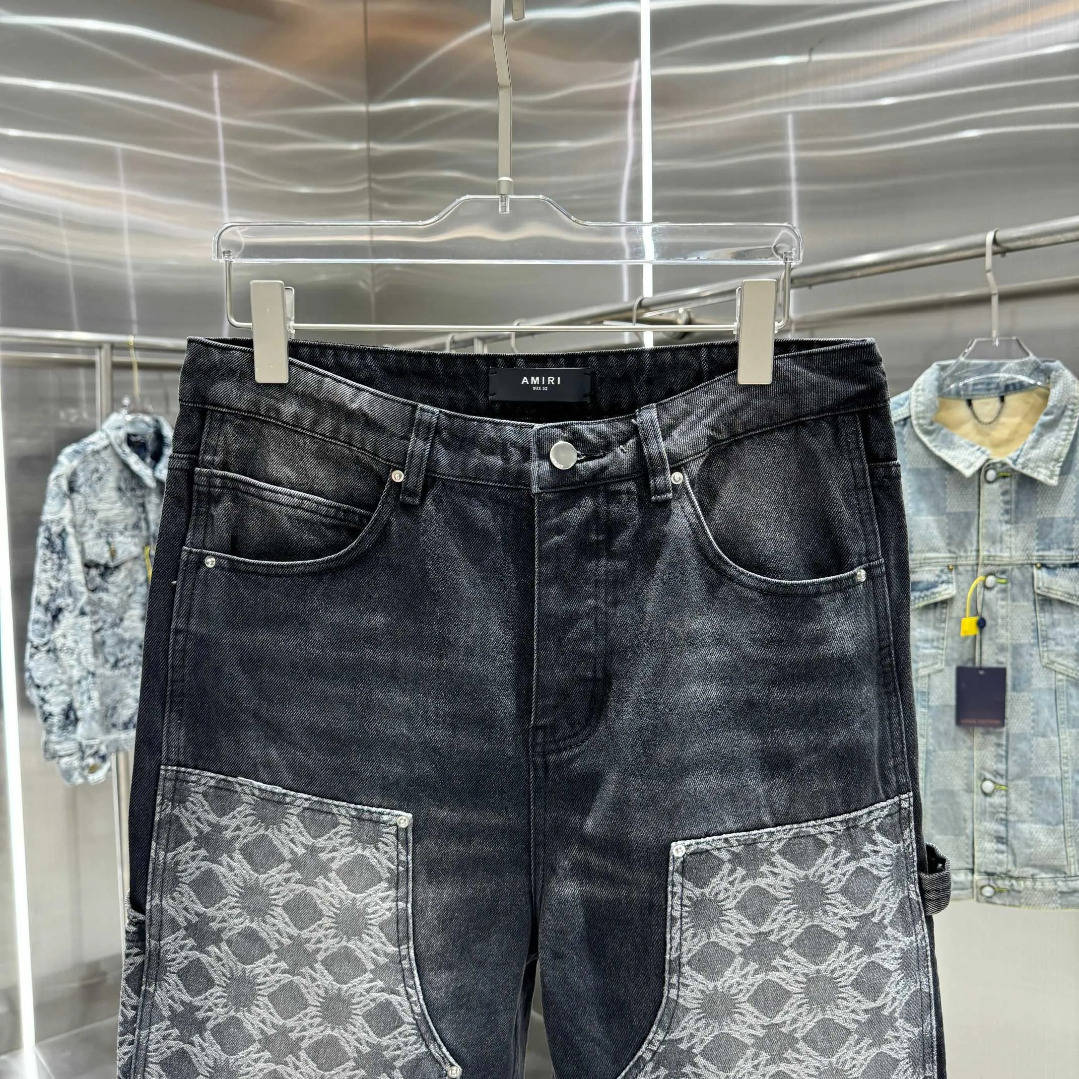 P300 Amiri pattern LOGO jacquard workwear street fashion loose straight jeans Color Black Size 30 32 34 36 38