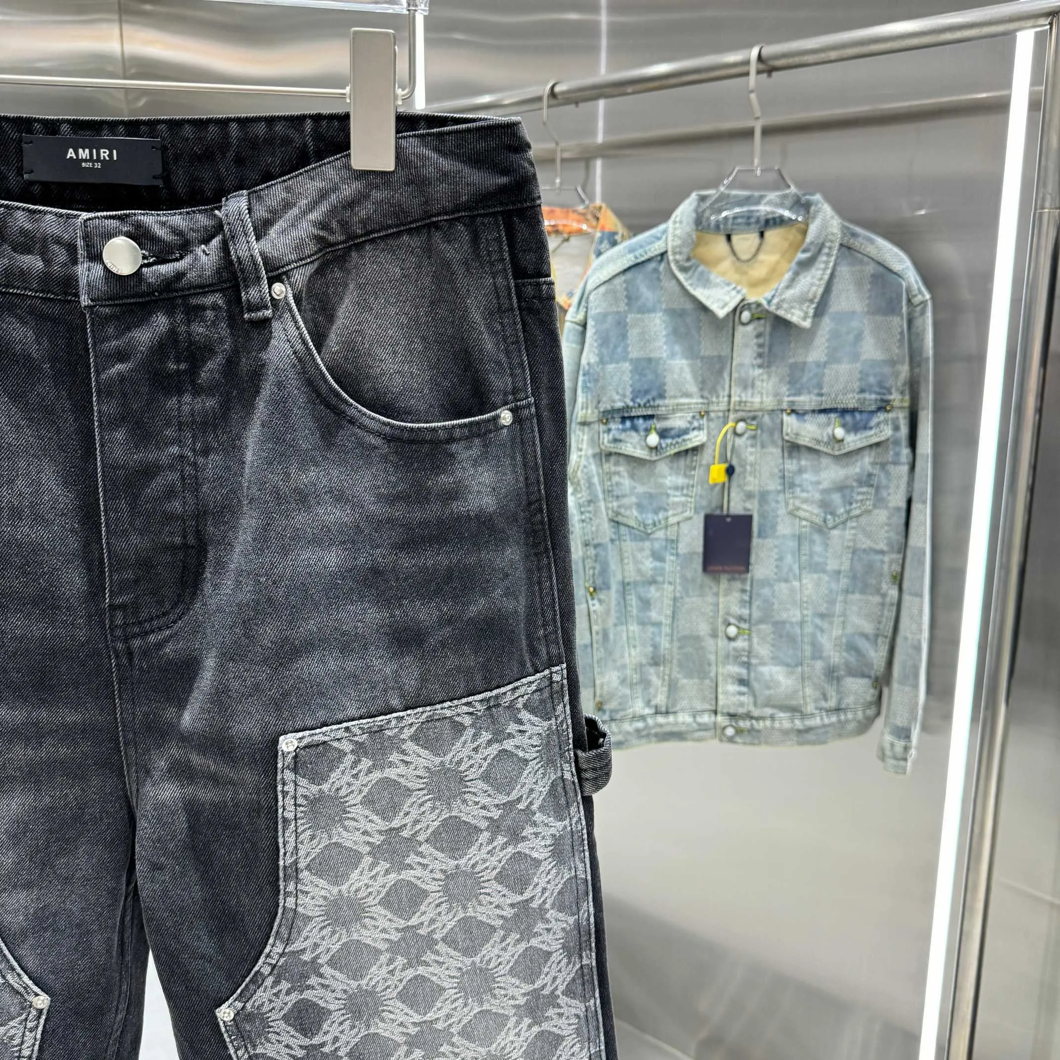 P300 Amiri pattern LOGO jacquard workwear street fashion loose straight jeans Color Black Size 30 32 34 36 38