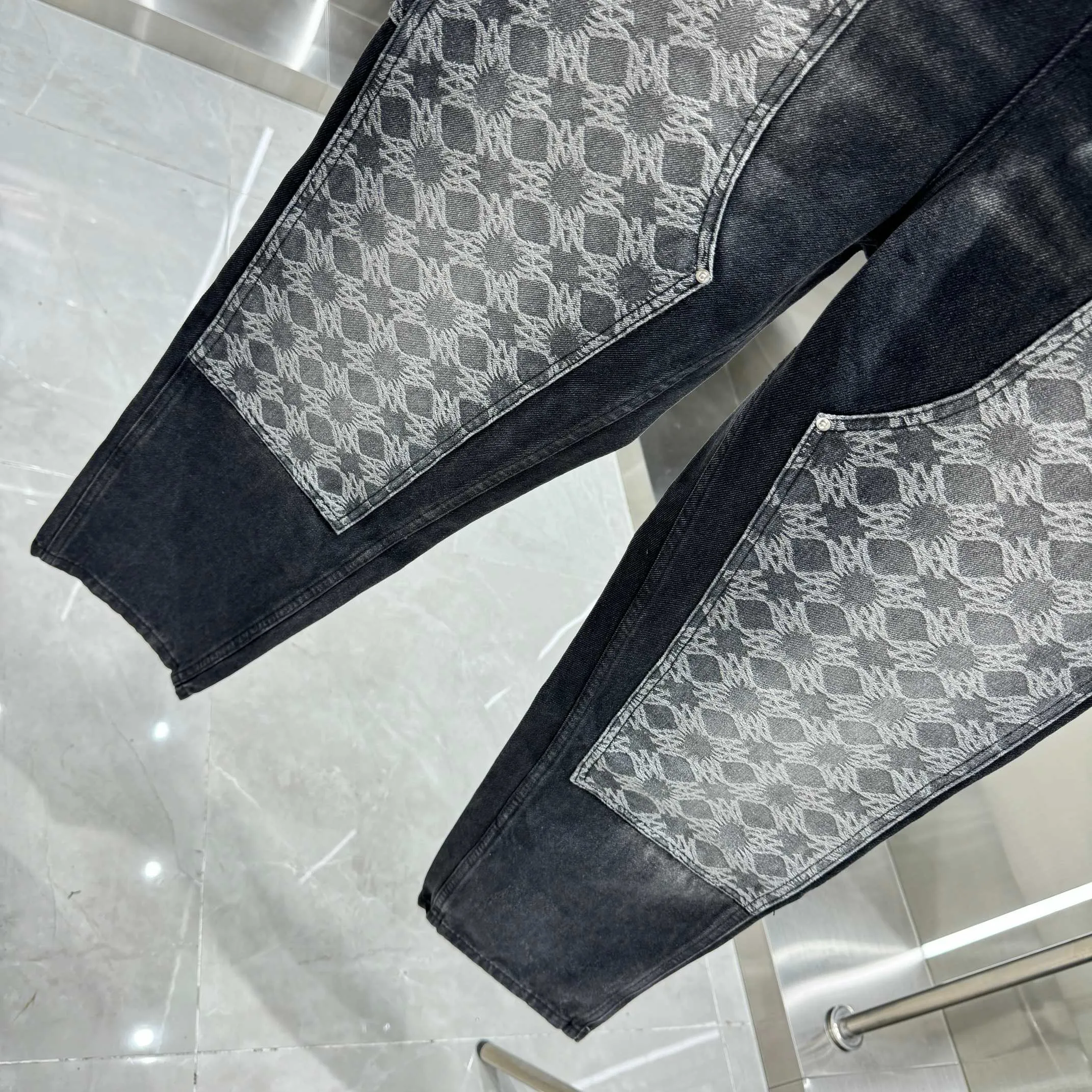 P300 Amiri pattern LOGO jacquard workwear street fashion loose straight jeans Color Black Size 30 32 34 36 38