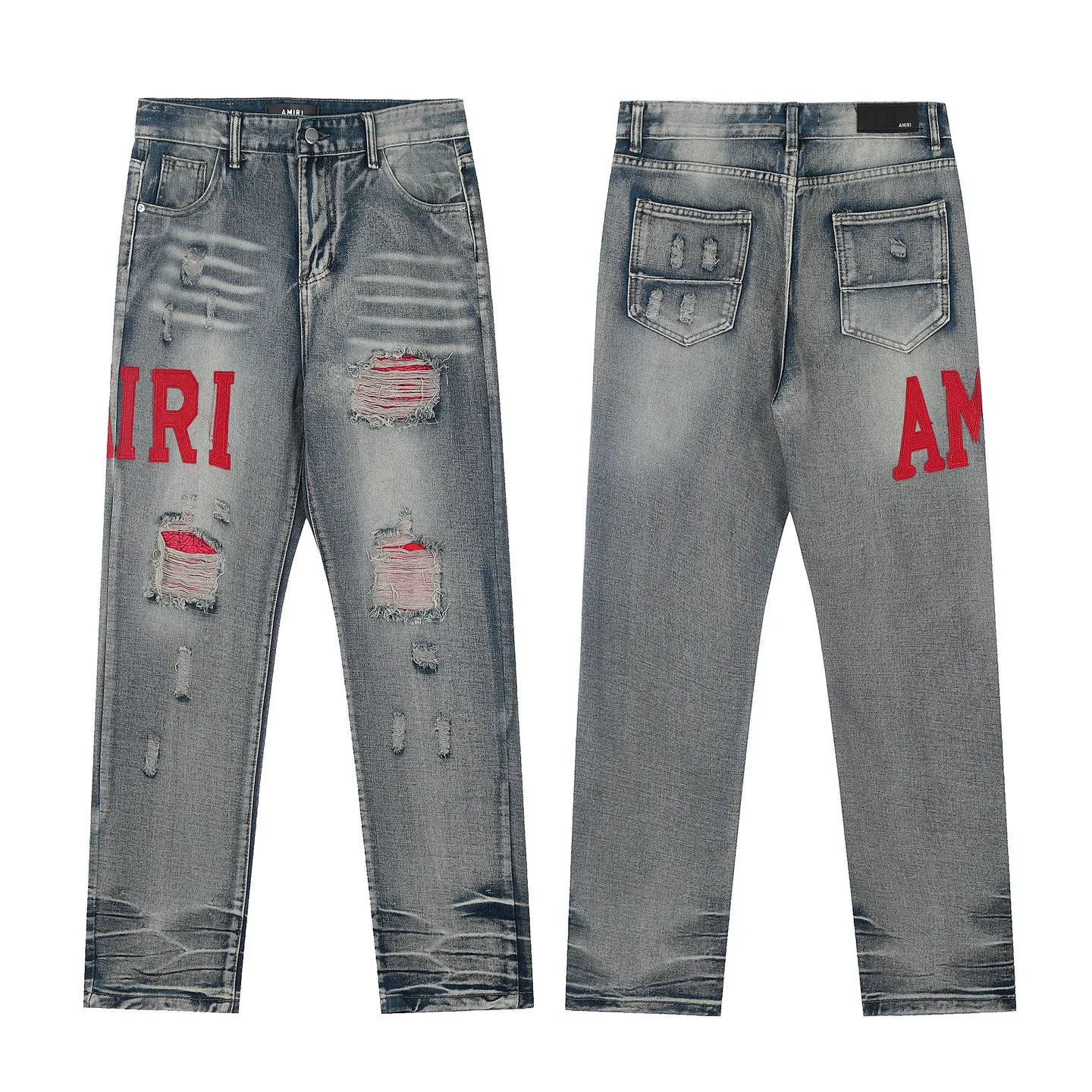 #M07 P168💰 AMIRI patch embroidery jeans trousers AMIRI high street basic ripped tight elastic jeans trousers amiri brand jeans break the production process and cutting of the original jeans, the fabrics are softer and more comfortable Hand-sewn collar label Customized logo buttons Genuine leather tag Color: Picture color Size: 30-32-34-36