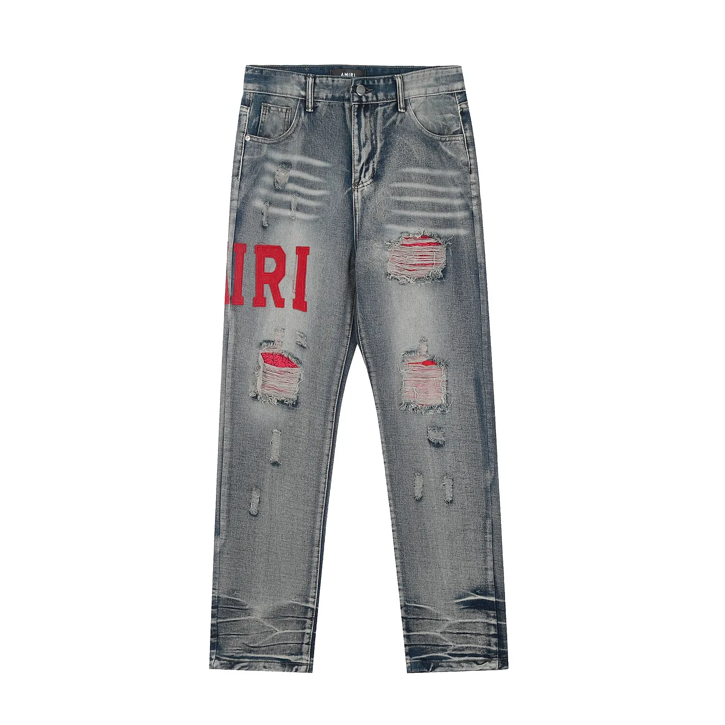 #M07 P168💰 AMIRI patch embroidery jeans trousers AMIRI high street basic ripped tight elastic jeans trousers amiri brand jeans break the production process and cutting of the original jeans, the fabrics are softer and more comfortable Hand-sewn collar label Customized logo buttons Genuine leather tag Color: Picture color Size: 30-32-34-36