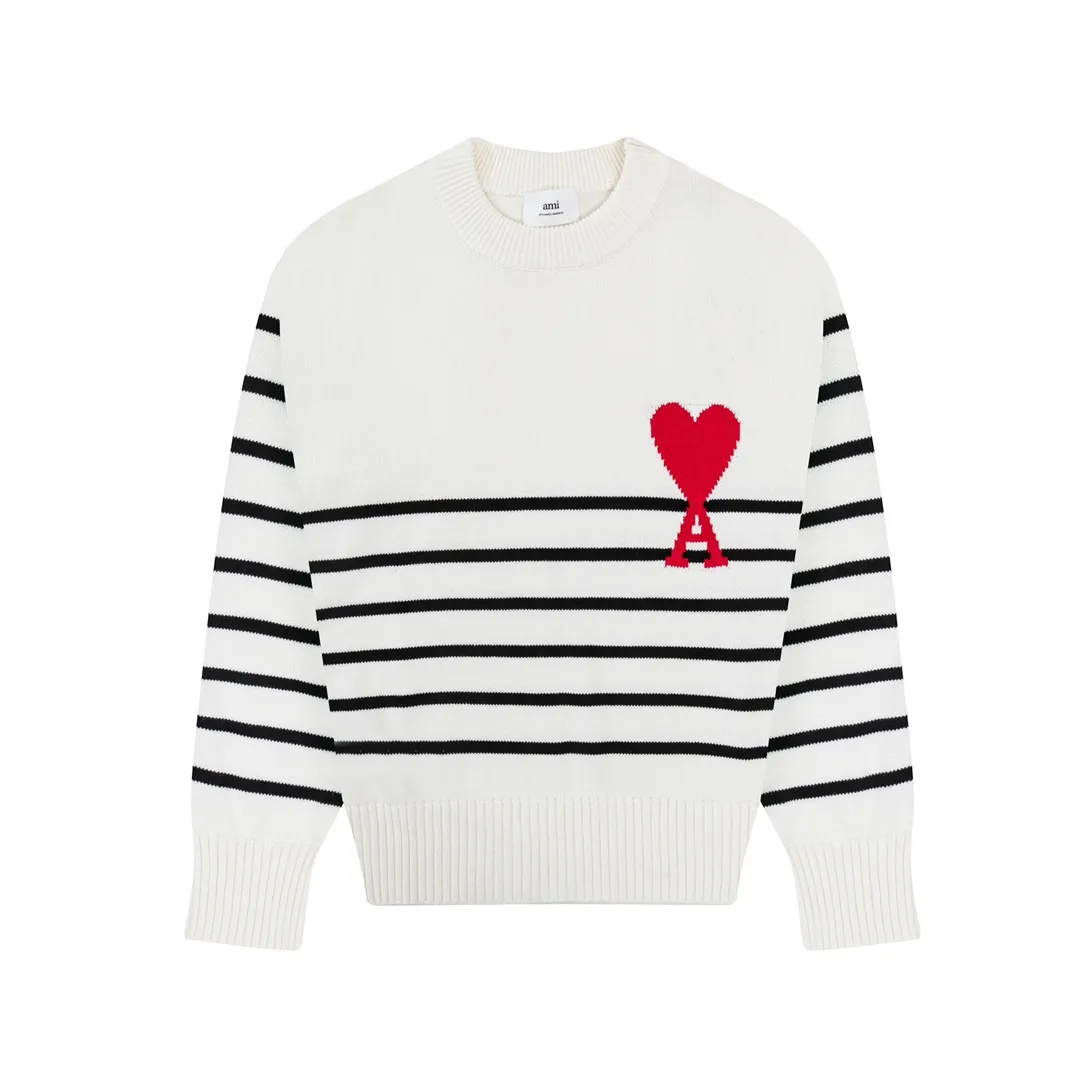 P170 CYA33# AMI Paris 22 spring and summer new Ami de Coeur love striped crew neck sweater Color: black white Size: S-XL