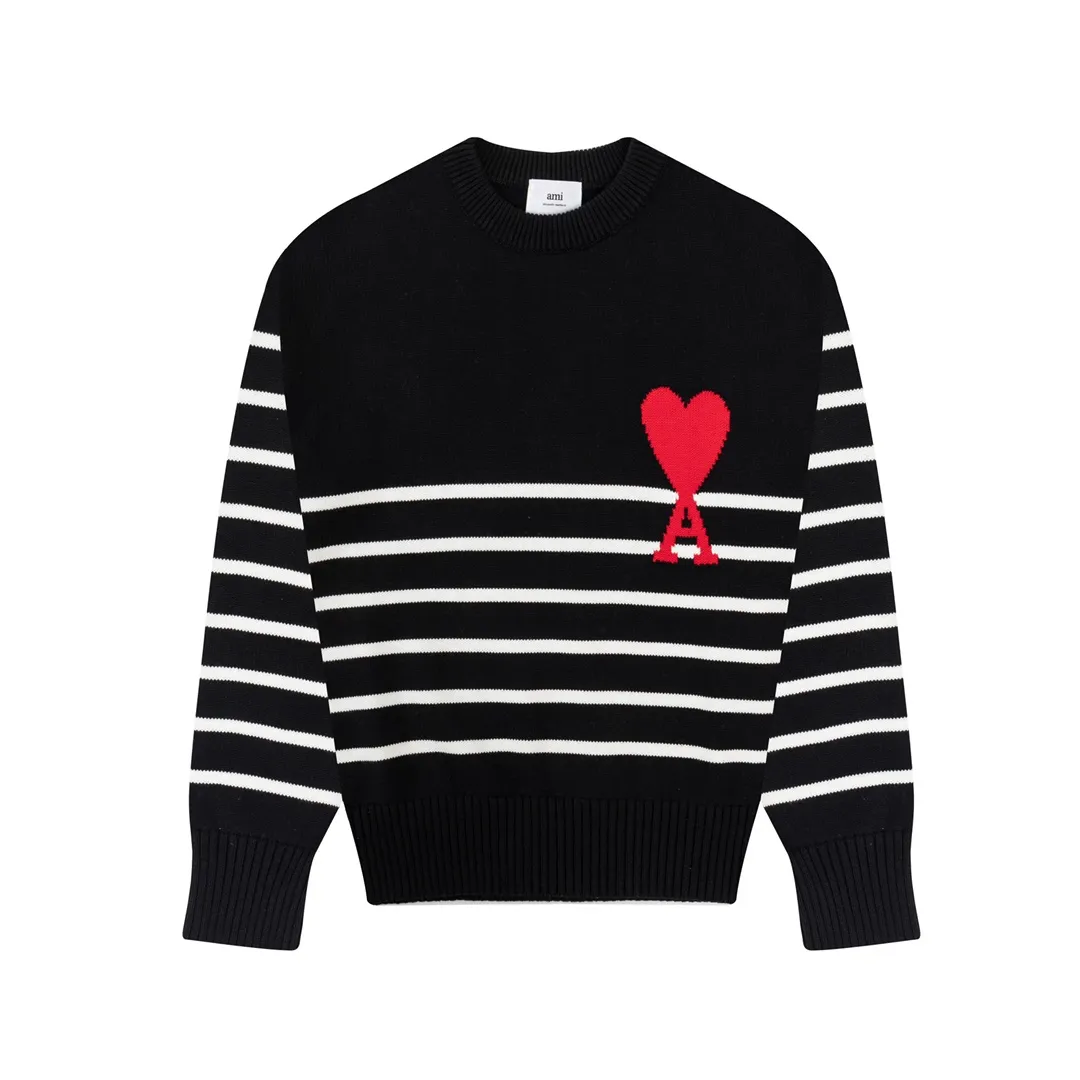 P170 CYA33# AMI Paris 22 spring and summer new Ami de Coeur love striped crew neck sweater Color: black white Size: S-XL