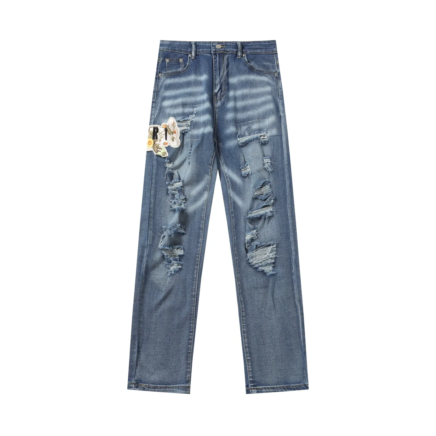 P280 AMIRI 25ss patch embroidery jeans trousers AMIRI high street basic ripped loose casual versatile jeans trousers amiri brand jeans break the production process and cutting of the original jeans, the fabrics are softer and more comfortable Hand-sewn collar label Customized logo buttons Genuine leather tag Color: Picture color Code number: 28-36