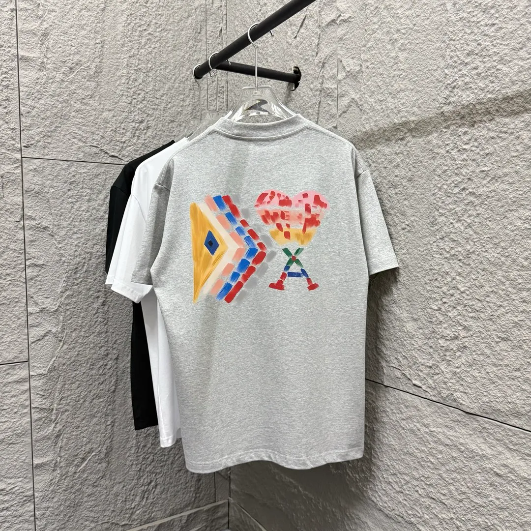 🅿️180 Ami* 2025 spring and summer new Ami rainbow love print Customized double yarn plain cotton fabric Short-sleeved T-shirt Unisex Color: Black White Floral Gray Angora Red Size: S (90-130 catties) M (120-150 catties) L (140-165 catties) XL (160-180 catties) XXL (180-210 pounds)