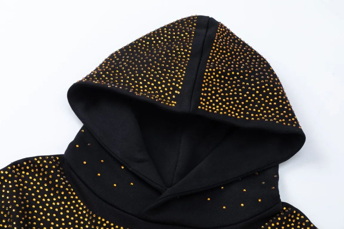 7205#P376, AMIRI Gypsophila Heavy Industry Hot Diamond Drop Shoulder Hooded Sweatshirt, Color: Black, Size: S M L XL