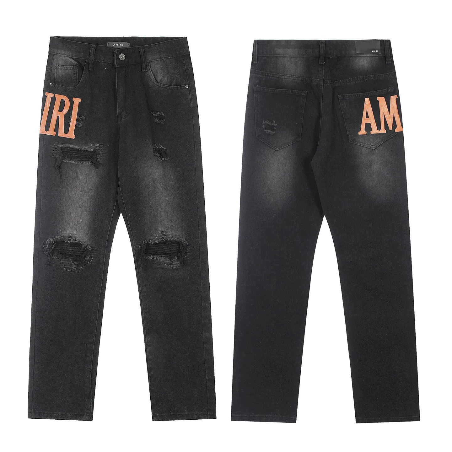 #M24 P168💰 Amiri classic letter embroidery ripped washed small-foot jeans Slim-fitting small-foot jeans Produced by a major washed factory Full of high-end sense Partial destruction of the knees with leather design Already used as a facade design Leather waist nameplate The focus of this style is not on washing, but on the shape and version of the destruction The secret lies in the craftsmanship of the master. The cost of post-processing, grinding, cutting, etc. is far beyond the cost of assembly line products. Color: Picture color Size: 30-32-34-36
