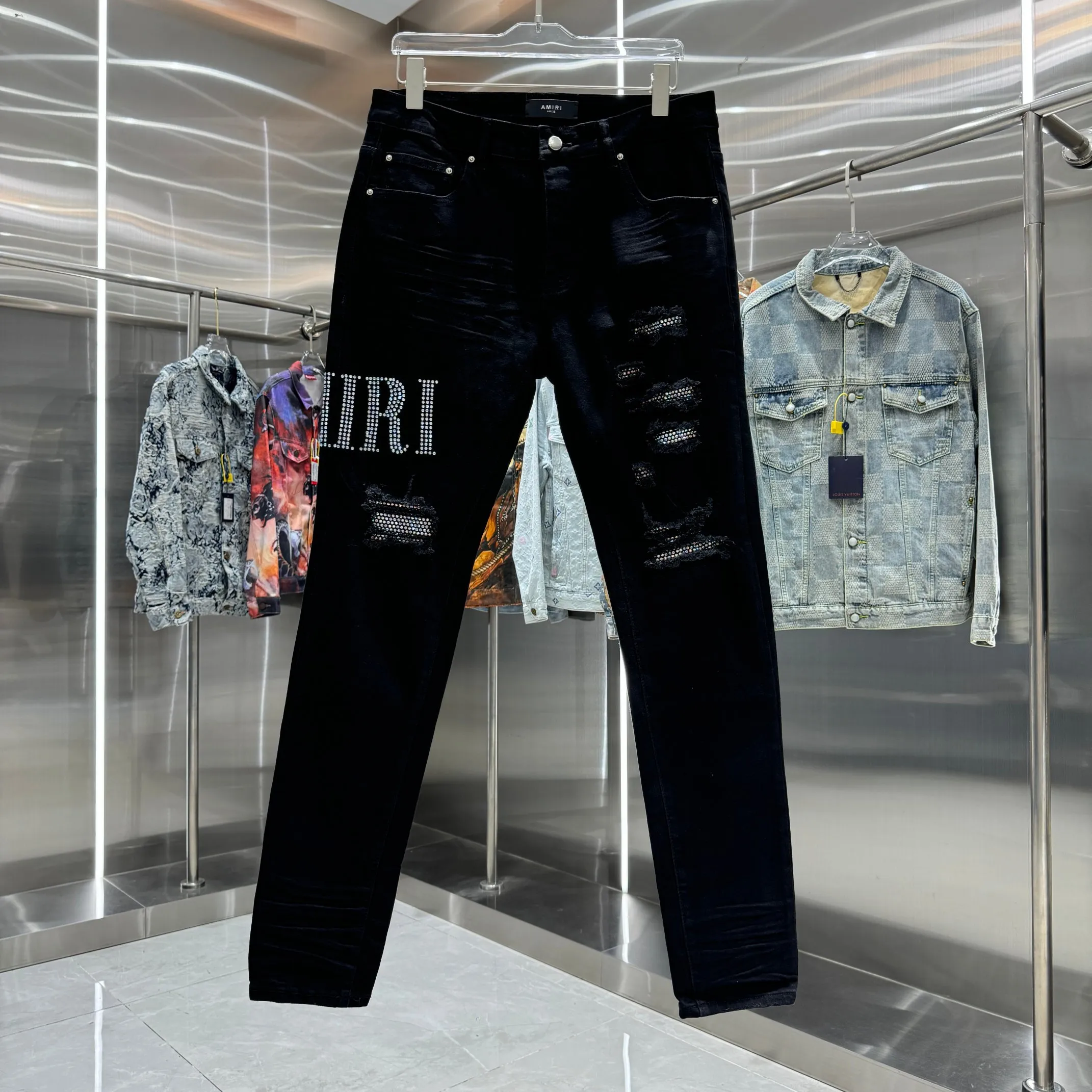 P290 Amiri ripped hole hot diamond lettering craft street fashion slim fit stretch jeans Color Black Size 30 32 34 36 38