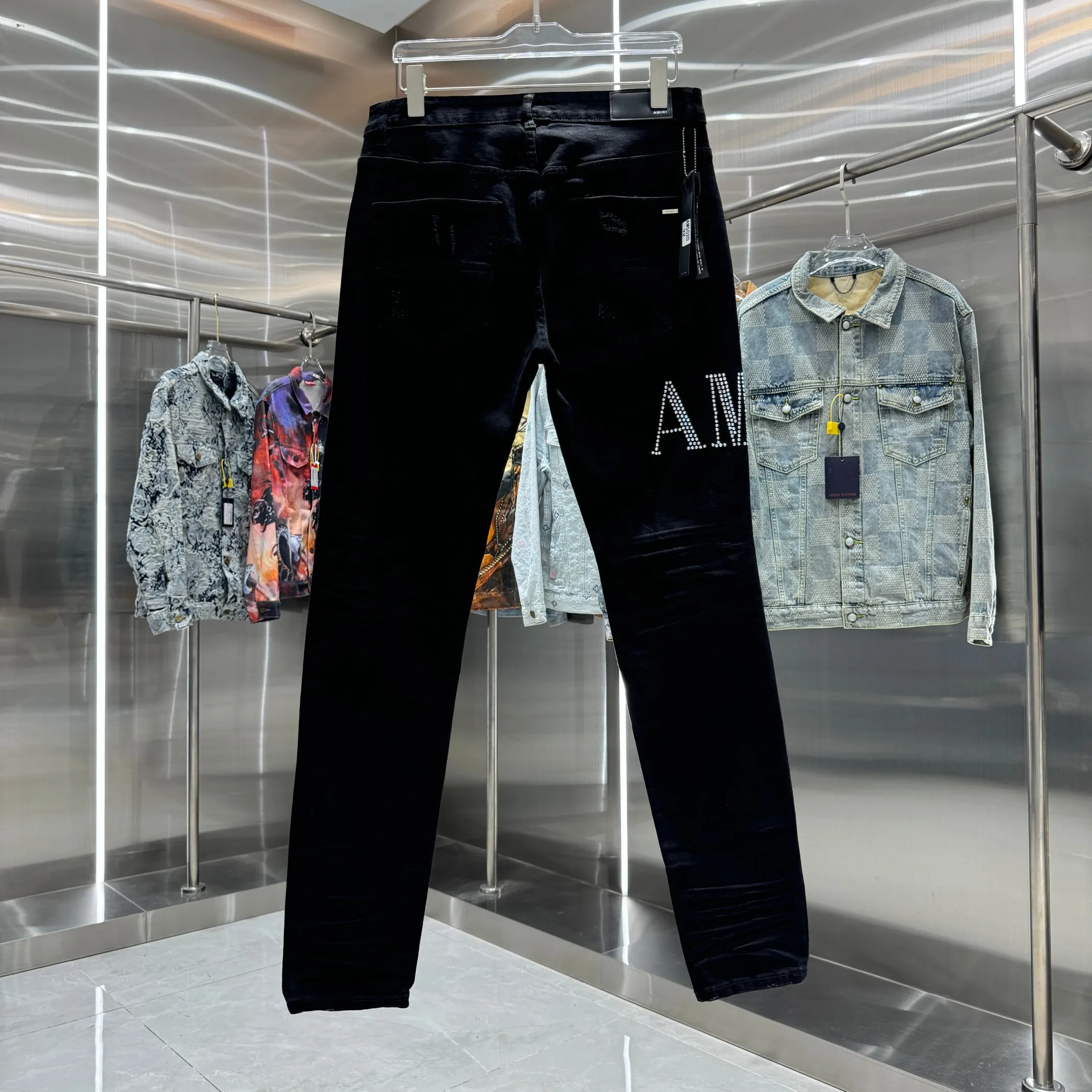 P290 Amiri ripped hole hot diamond lettering craft street fashion slim fit stretch jeans Color Black Size 30 32 34 36 38