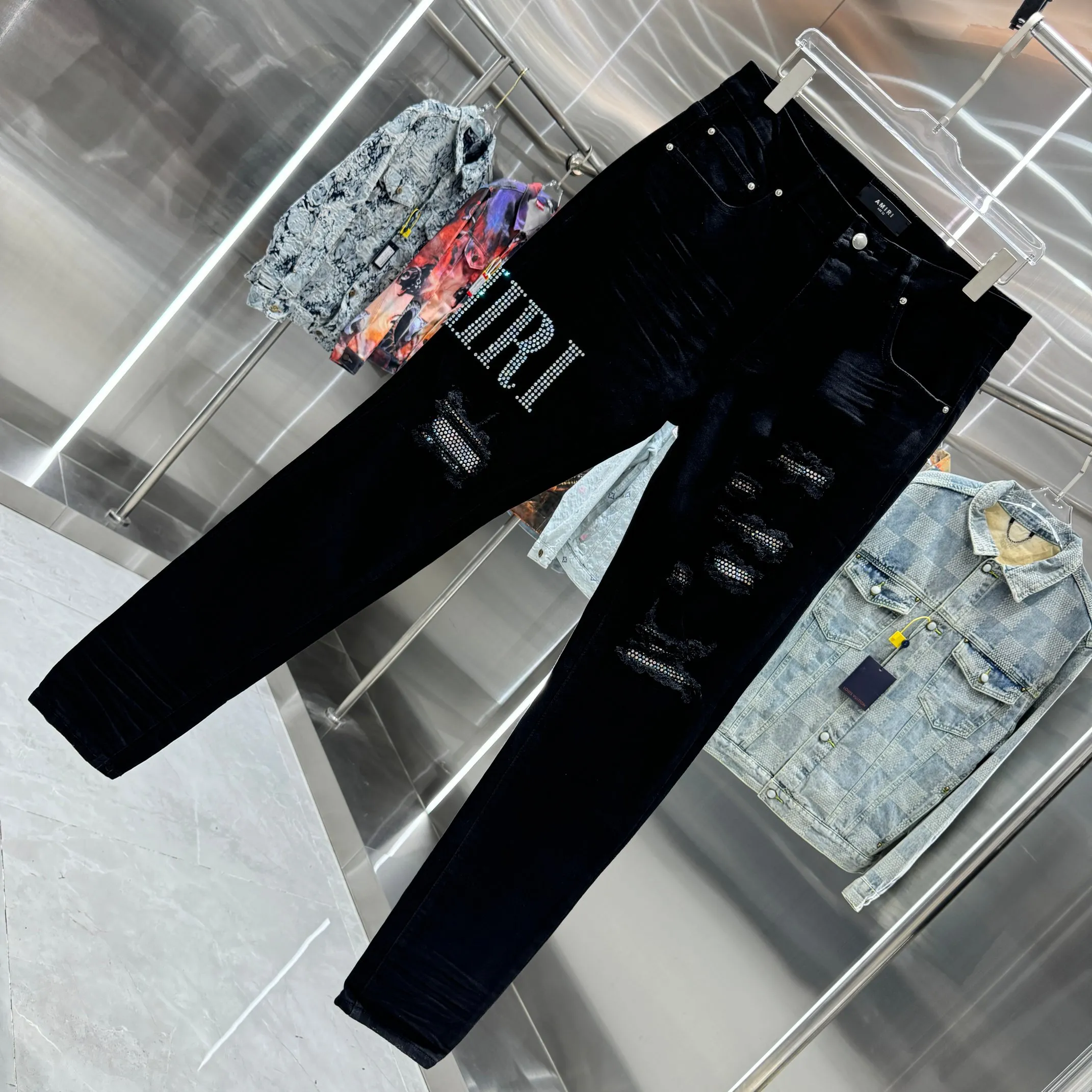 P290 Amiri ripped hole hot diamond lettering craft street fashion slim fit stretch jeans Color Black Size 30 32 34 36 38