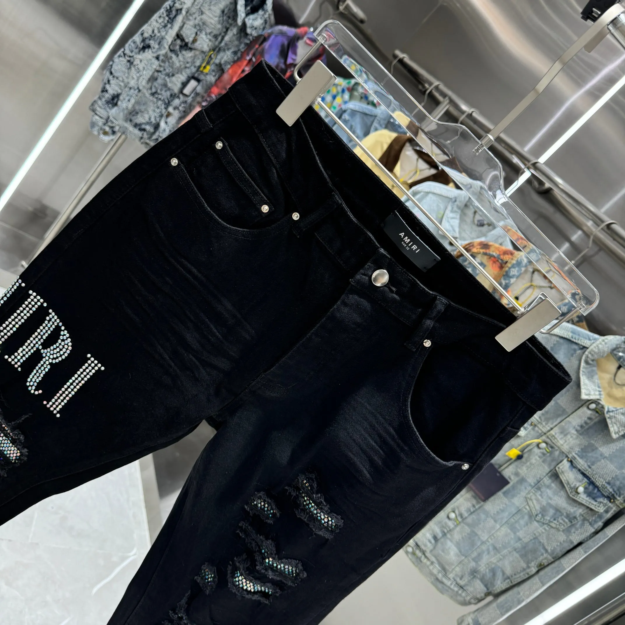 P290 Amiri ripped hole hot diamond lettering craft street fashion slim fit stretch jeans Color Black Size 30 32 34 36 38