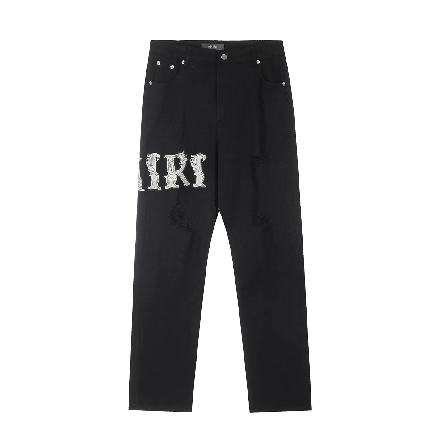 #M02 P168💰 AMIRI patch embroidery jeans trousers AMIRI high street basic ripped tight elastic jeans trousers amiri brand jeans break the production process and cutting of the original jeans, the fabrics are softer and more comfortable Hand-sewn collar label Customized logo buttons Genuine leather tag Color: black Size: 30-32-34-36