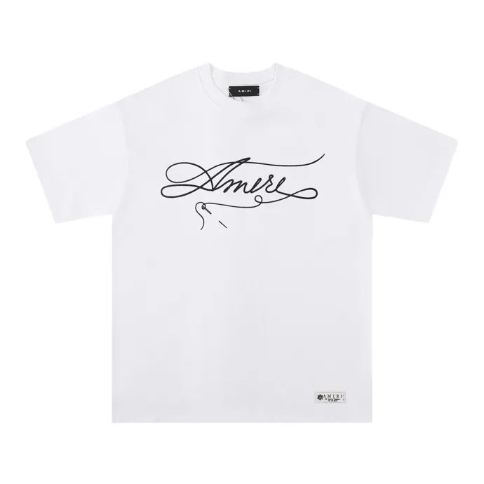 Style number: 701 P114 Fabric: 260g double yarn AMIRI 2025 spring and summer new logo round neck T-shirt high street same style for men and women loose classic letter short sleeves Color: White Black Size: S M L XL