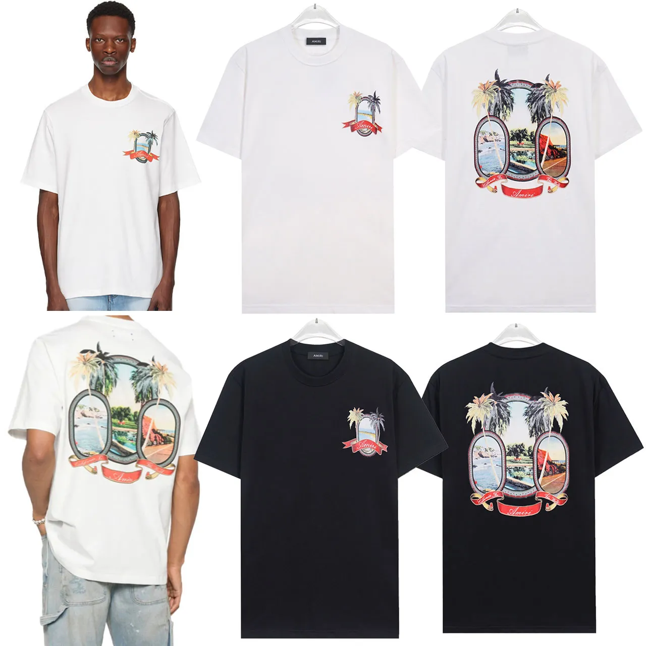 P122 873# "𝙉𝙚𝙬♈️ AMIRI" 🏖 25 spring and summer new style short-sleeved T-shirt with front and rear letter logo printing, made of 260g 32-count dense double yarn cotton fabric, soft fabric.   Color: Black White Size: S M L XL 2XL