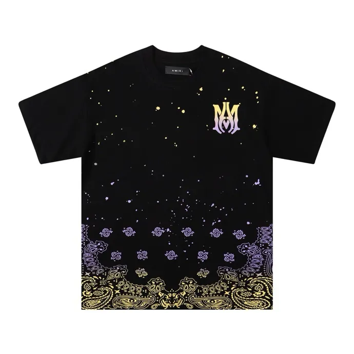 Style number: 671 P126 Fabric: 260g double yarn AMIRI 2025 spring and summer new logo round neck T-shirt high street same style for men and women loose classic letter cashew flower short sleeves Color: black printing white black printing purple code number: S M L XL