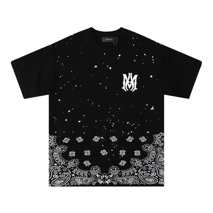 Style number: 671 P126 Fabric: 260g double yarn AMIRI 2025 spring and summer new logo round neck T-shirt high street same style for men and women loose classic letter cashew flower short sleeves Color: black printing white black printing purple code number: S M L XL