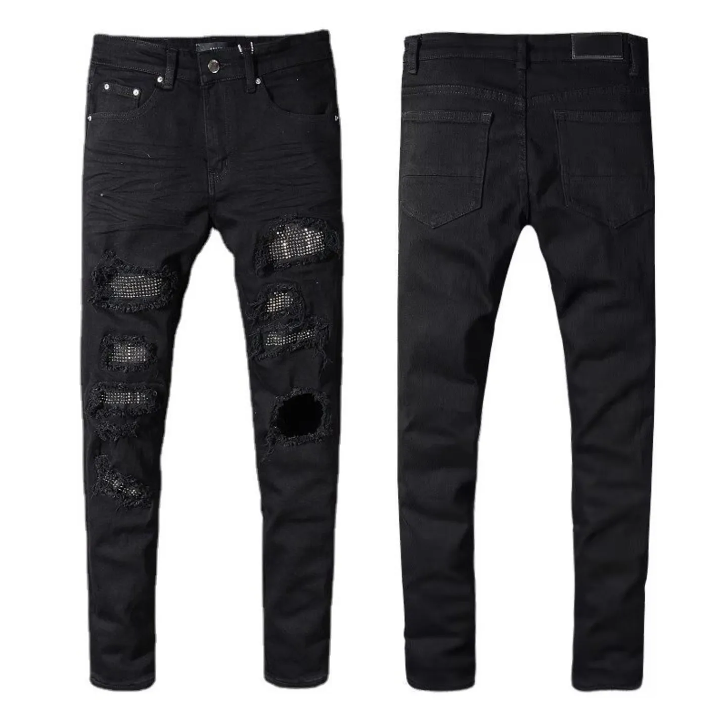 #M81 P168💰 AMIRI patch embroidery jeans trousers AMIRI high street basic ripped tight elastic jeans trousers amiri brand jeans break the production process and cutting of the original jeans, the fabrics are softer and more comfortable Hand-sewn collar label Customized logo buttons Genuine leather tag Color: Picture color Size: 30-32-34-36