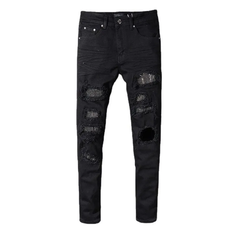 #M81 P168💰 AMIRI patch embroidery jeans trousers AMIRI high street basic ripped tight elastic jeans trousers amiri brand jeans break the production process and cutting of the original jeans, the fabrics are softer and more comfortable Hand-sewn collar label Customized logo buttons Genuine leather tag Color: Picture color Size: 30-32-34-36