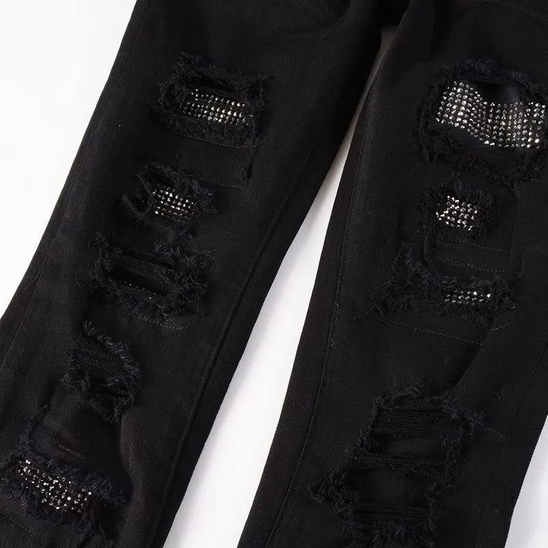 #M81 P168💰 AMIRI patch embroidery jeans trousers AMIRI high street basic ripped tight elastic jeans trousers amiri brand jeans break the production process and cutting of the original jeans, the fabrics are softer and more comfortable Hand-sewn collar label Customized logo buttons Genuine leather tag Color: Picture color Size: 30-32-34-36