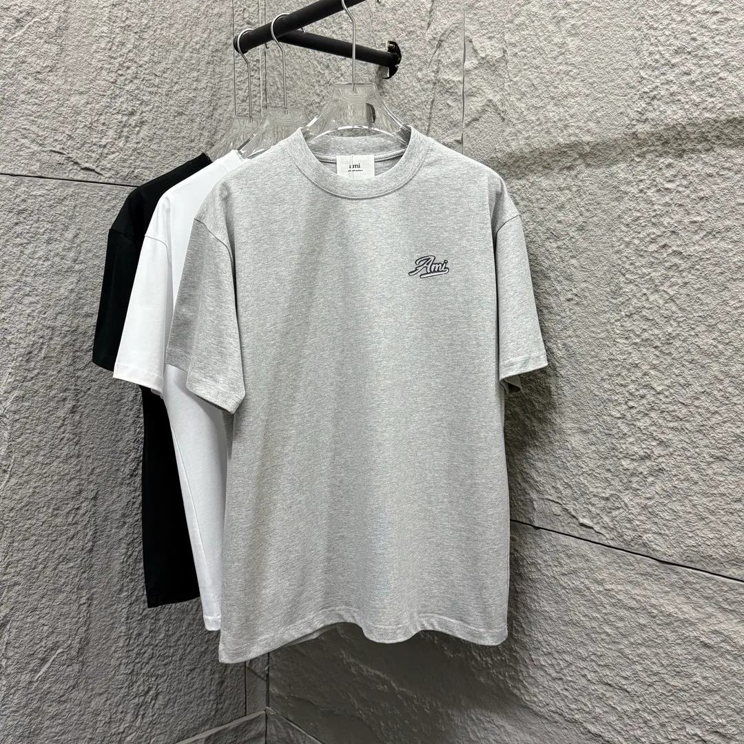 🅿️180 Ami* 2025 spring and summer new style Ami letter embroidery customized double yarn plain cotton fabric short-sleeved T-shirt for men and women Color: black white floral gray Size: S (90-130 pounds) M (120-150 pounds) L (140-165 pounds) XL (160-180 pounds) XXL (180-210 pounds)