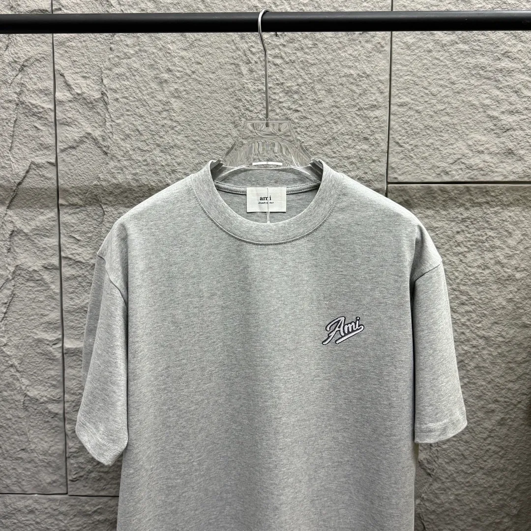 🅿️180 Ami* 2025 spring and summer new style Ami letter embroidery customized double yarn plain cotton fabric short-sleeved T-shirt for men and women Color: black white floral gray Size: S (90-130 pounds) M (120-150 pounds) L (140-165 pounds) XL (160-180 pounds) XXL (180-210 pounds)