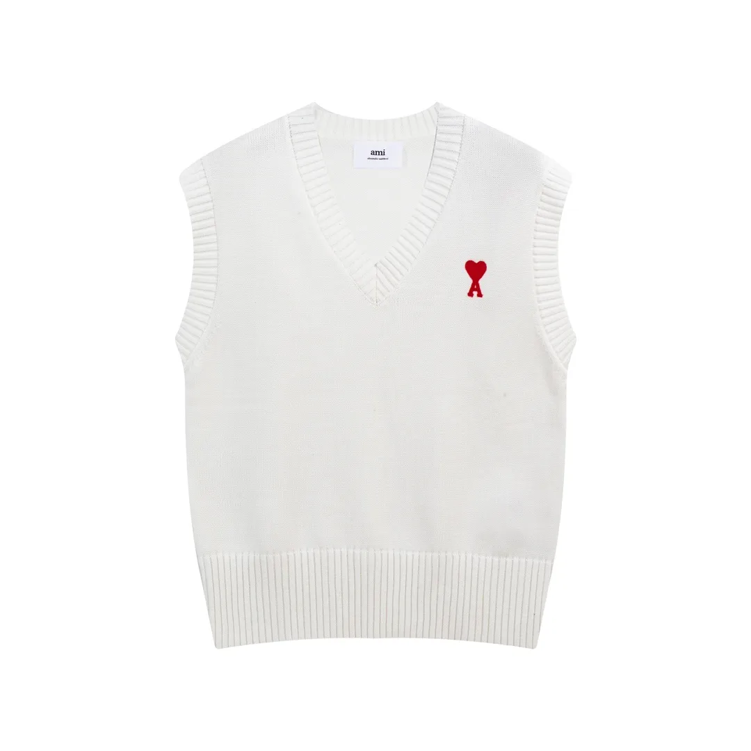 A086# AMI Paris2023 new product Sleeveless sweater vest vest with small love heart towel embroidery on the chest. Carefully woven with cotton and wool blended yarn. Same style for men and women. Color: black, white, blue. Size: S-XL