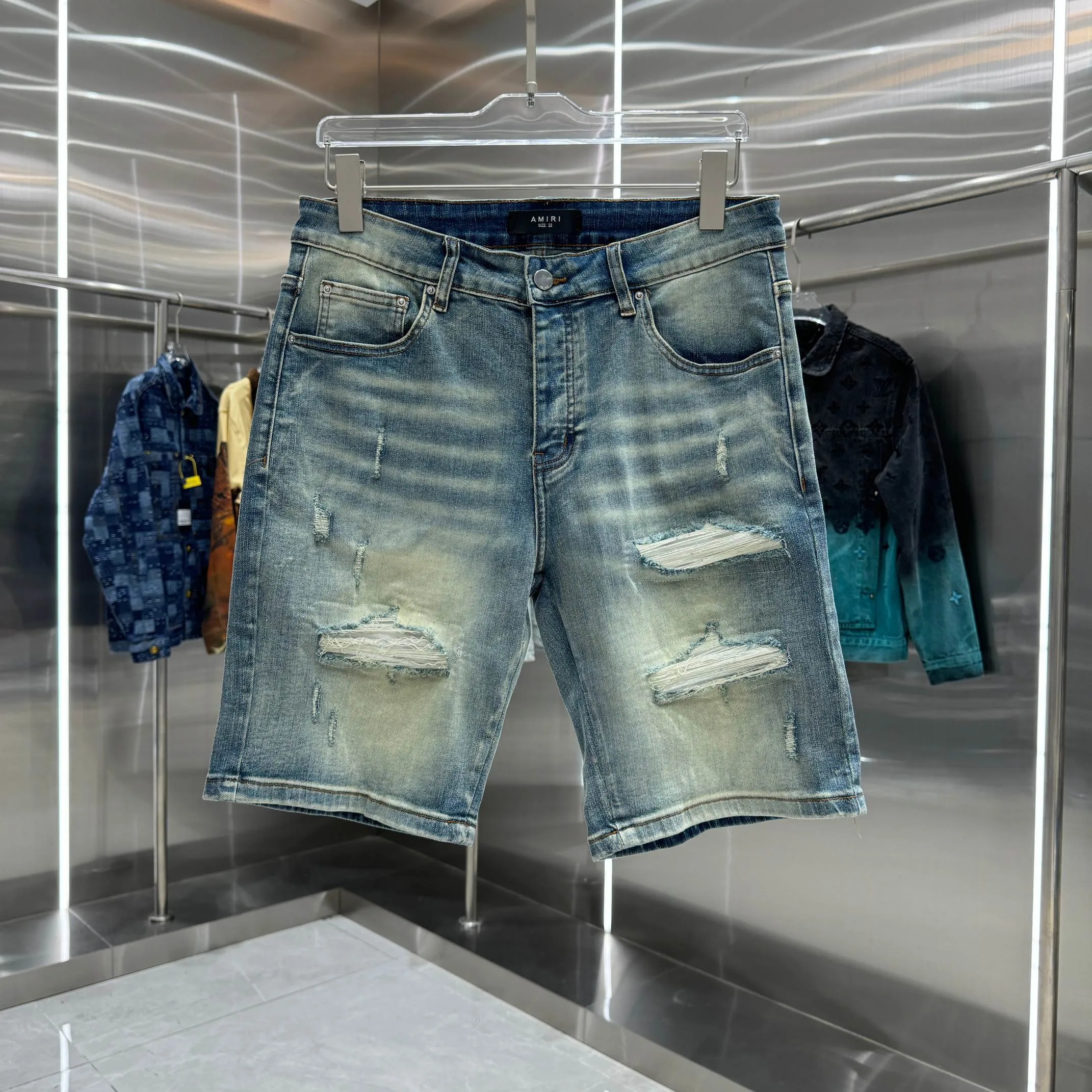 P260 Amiri ripped washed craft street fashion jeans shorts Color Blue Size 30 32 34 36 38