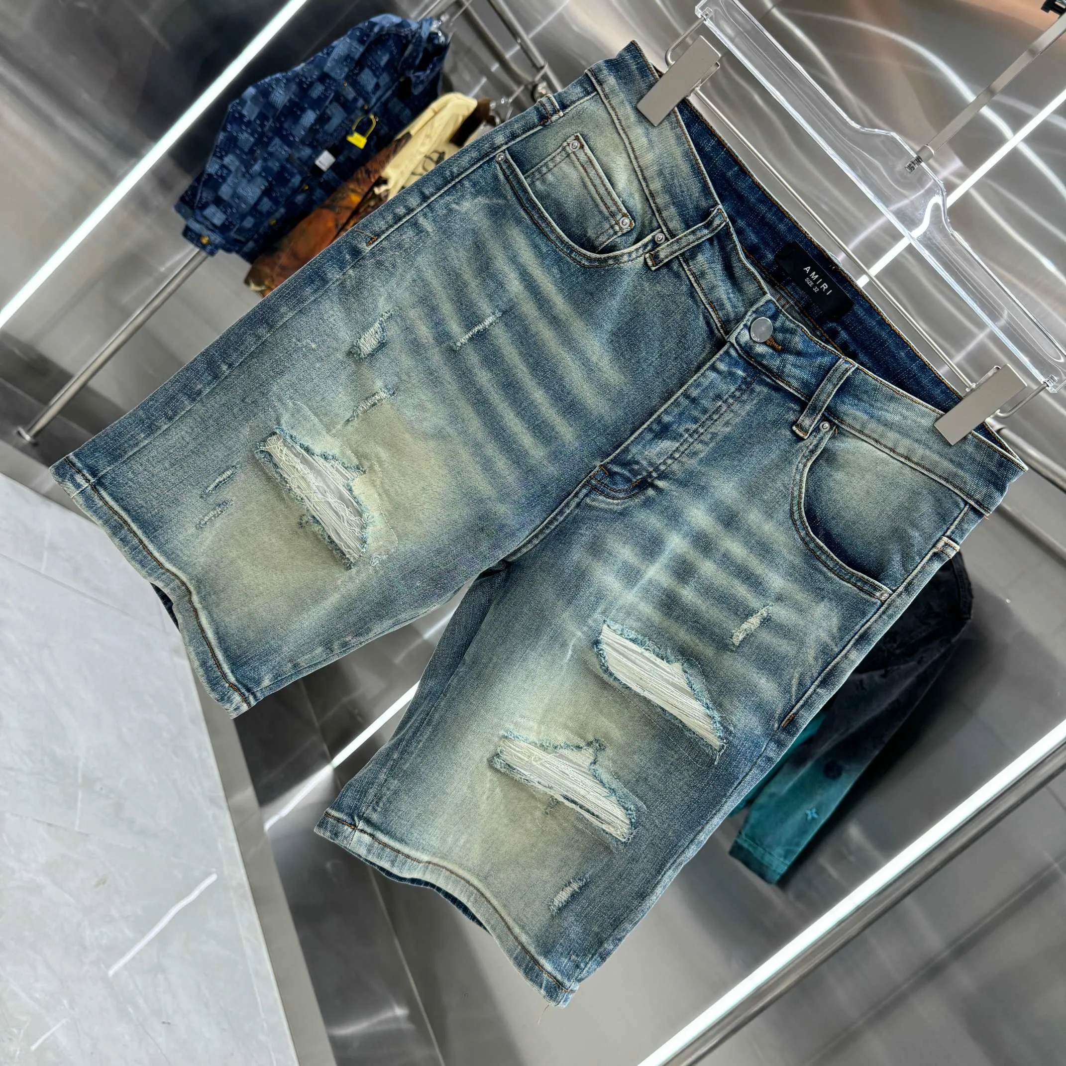 P260 Amiri ripped washed craft street fashion jeans shorts Color Blue Size 30 32 34 36 38