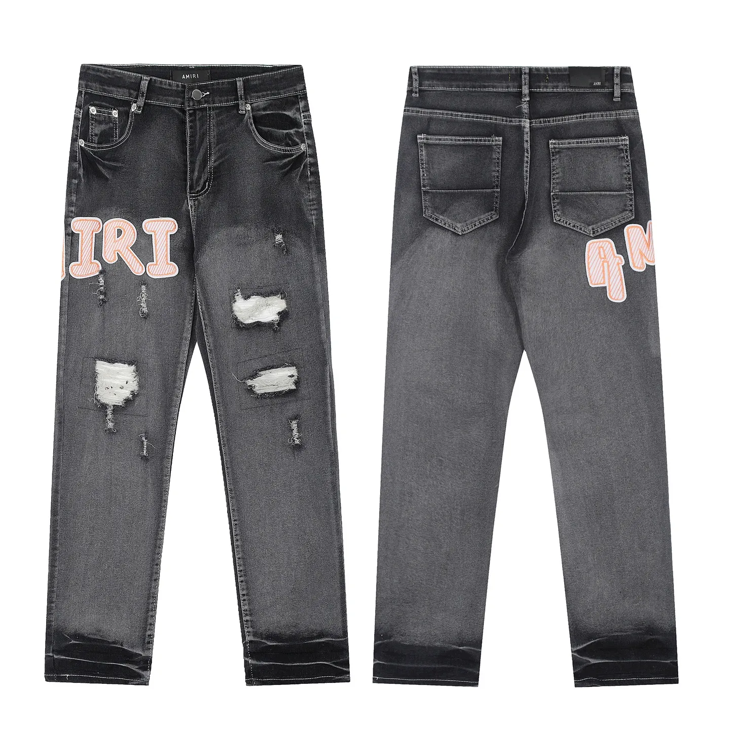 #M17 P168💰 Amiri classic embroidered patched leather distressed lettered jeans. Slim fit jeans. Produced by a major water-washed factory. Full of high-end. Partial destruction of the knees and patchwork design. Already used as a facade design. Leather waist nameplate. The focus of this style is not on the washing, but on the destroyed shape and version. The secret lies in the craftsmanship of the master. The cost of post-processing, grinding, cutting, etc. is far beyond the cost of assembly line products. Color: Picture color Size: 30-32-34-36