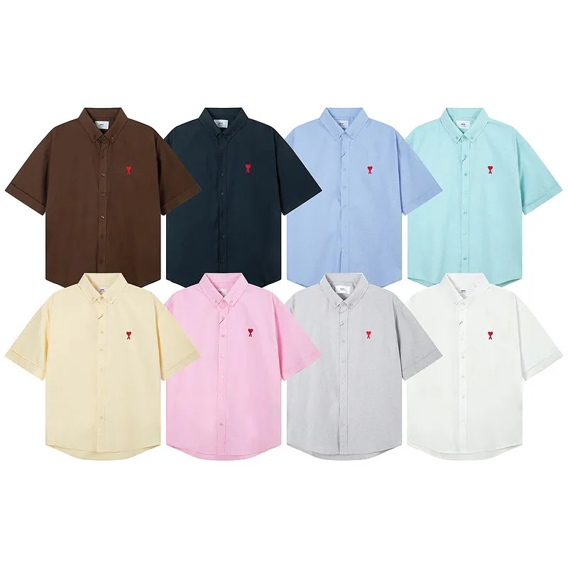 AMI Paris classic autumn red small heart embroidery on the chest, casual cotton solid color short-sleeved Oxford shirt, original custom-made 180g pure cotton fabric, loose off-shoulder version, same style for men and women. Color: brown, Baolan Tianlan, green, yellow, gray, white, pink, size: S-XL