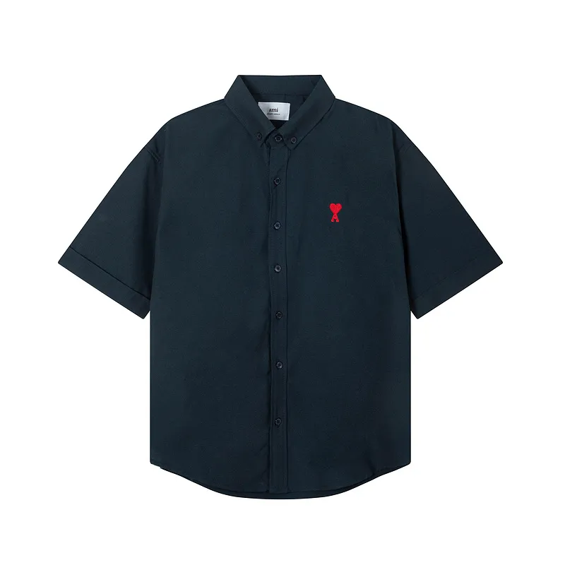 AMI Paris classic autumn red small heart embroidery on the chest, casual cotton solid color short-sleeved Oxford shirt, original custom-made 180g pure cotton fabric, loose off-shoulder version, same style for men and women. Color: brown, Baolan Tianlan, green, yellow, gray, white, pink, size: S-XL