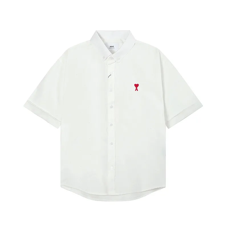 AMI Paris classic autumn red small heart embroidery on the chest, casual cotton solid color short-sleeved Oxford shirt, original custom-made 180g pure cotton fabric, loose off-shoulder version, same style for men and women. Color: brown, Baolan Tianlan, green, yellow, gray, white, pink, size: S-XL
