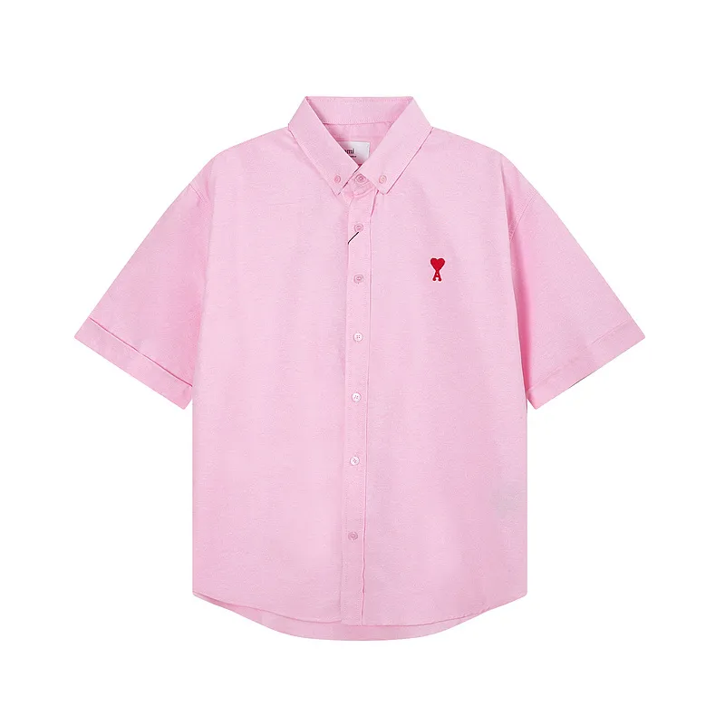 AMI Paris classic autumn red small heart embroidery on the chest, casual cotton solid color short-sleeved Oxford shirt, original custom-made 180g pure cotton fabric, loose off-shoulder version, same style for men and women. Color: brown, Baolan Tianlan, green, yellow, gray, white, pink, size: S-XL
