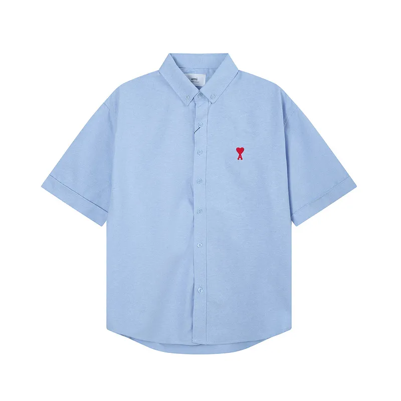 AMI Paris classic autumn red small heart embroidery on the chest, casual cotton solid color short-sleeved Oxford shirt, original custom-made 180g pure cotton fabric, loose off-shoulder version, same style for men and women. Color: brown, Baolan Tianlan, green, yellow, gray, white, pink, size: S-XL