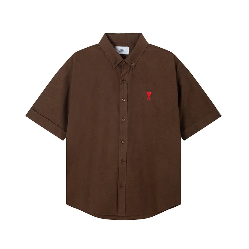 AMI Paris classic autumn red small heart embroidery on the chest, casual cotton solid color short-sleeved Oxford shirt, original custom-made 180g pure cotton fabric, loose off-shoulder version, same style for men and women. Color: brown, Baolan Tianlan, green, yellow, gray, white, pink, size: S-XL