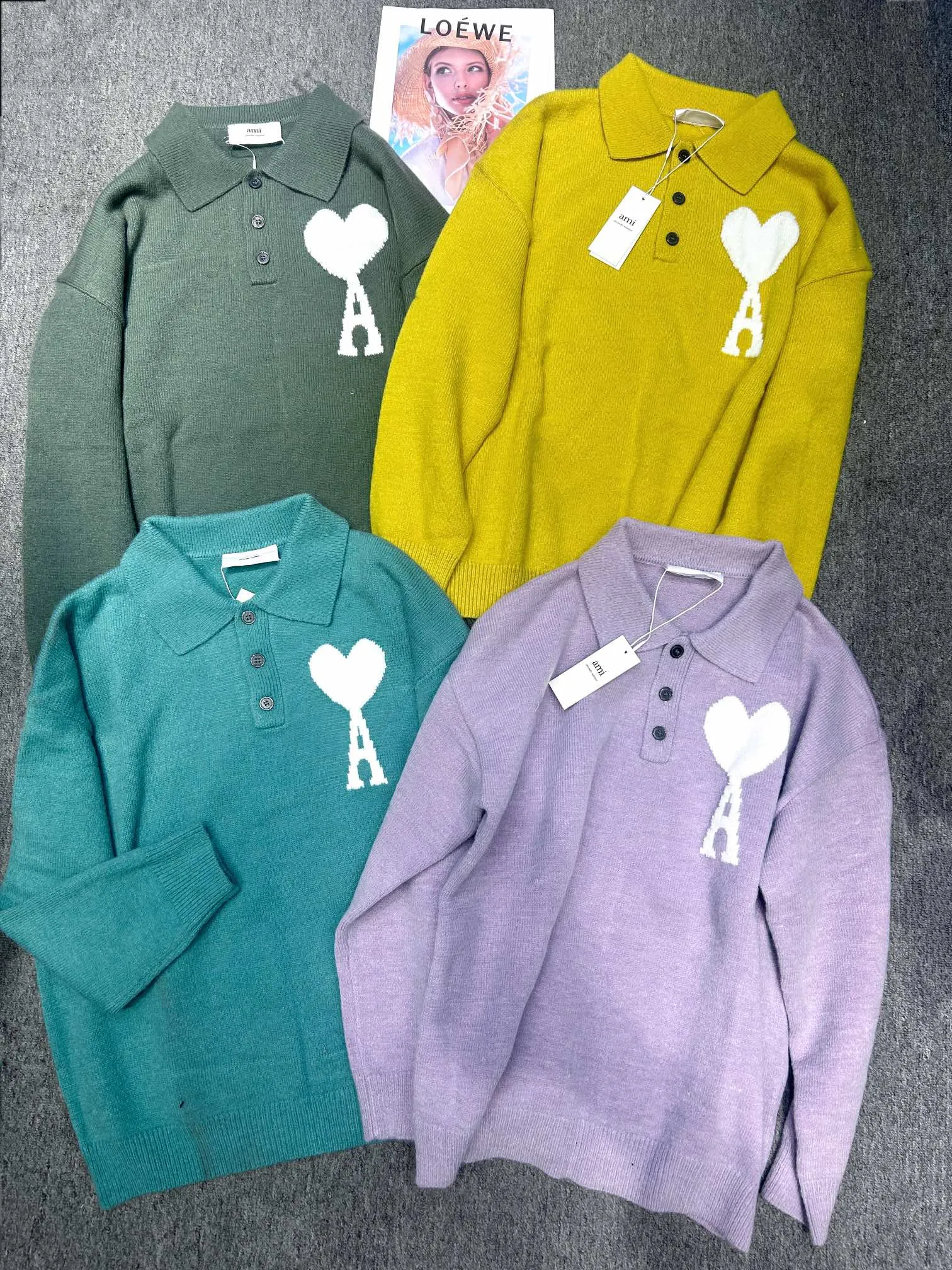 🅿️220 AW12# #Amiparis autumn and winter knitted polo versatile sweater for men and women Size: S M L XL Color: Yellow Purple Military Green Grass Green