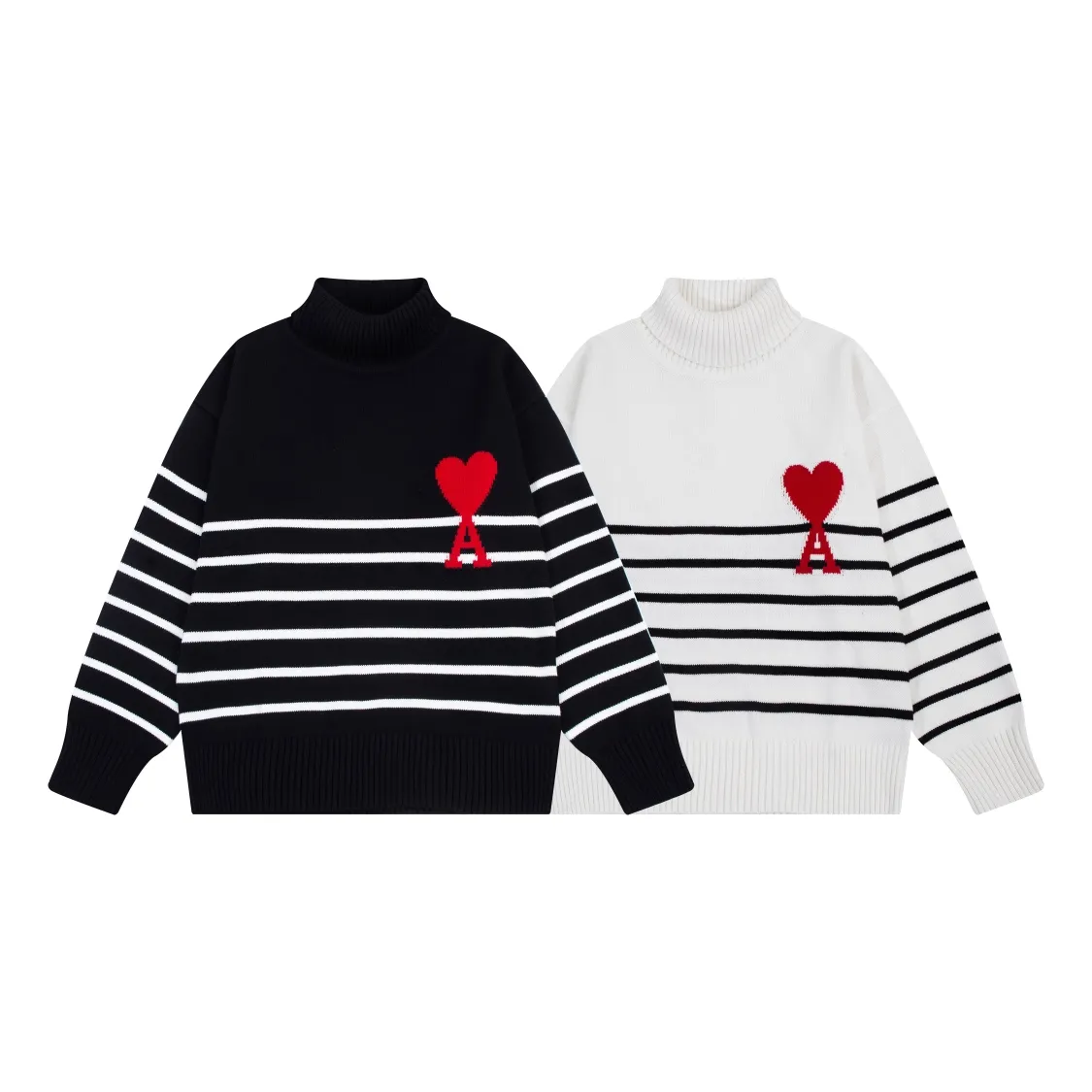 P190 CYA63# AMI Paris 22 autumn and winter new Ami de Coeur love stripe classic turtleneck sweater for men and women Color: Black White Size: S-XL