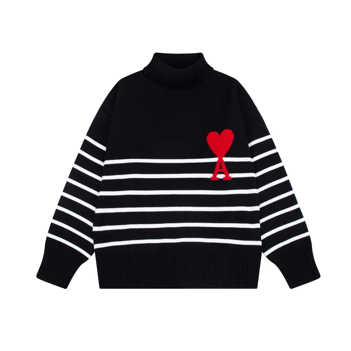 P190 CYA63# AMI Paris 22 autumn and winter new Ami de Coeur love stripe classic turtleneck sweater for men and women Color: Black White Size: S-XL